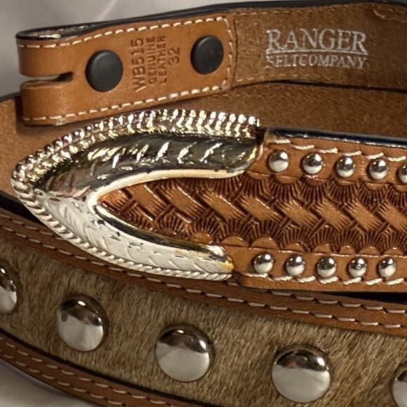 Ranger Belt Co Basket Weave Hair On Hide Studded Brown Leather Belt No Buckle 32 main image 14